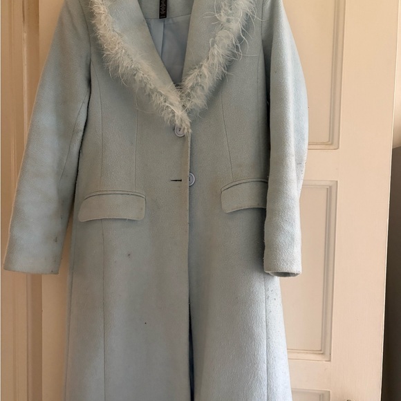 Aqua Jackets & Blazers - Aqua Light Blue Trench Coat with Faux Fur Collar